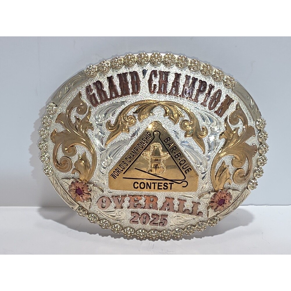 Grand Champion BAR-B-Q BELT BUCKLE☆COOKOFF STERLING OVERLAY /GOLD TONE☆RARE